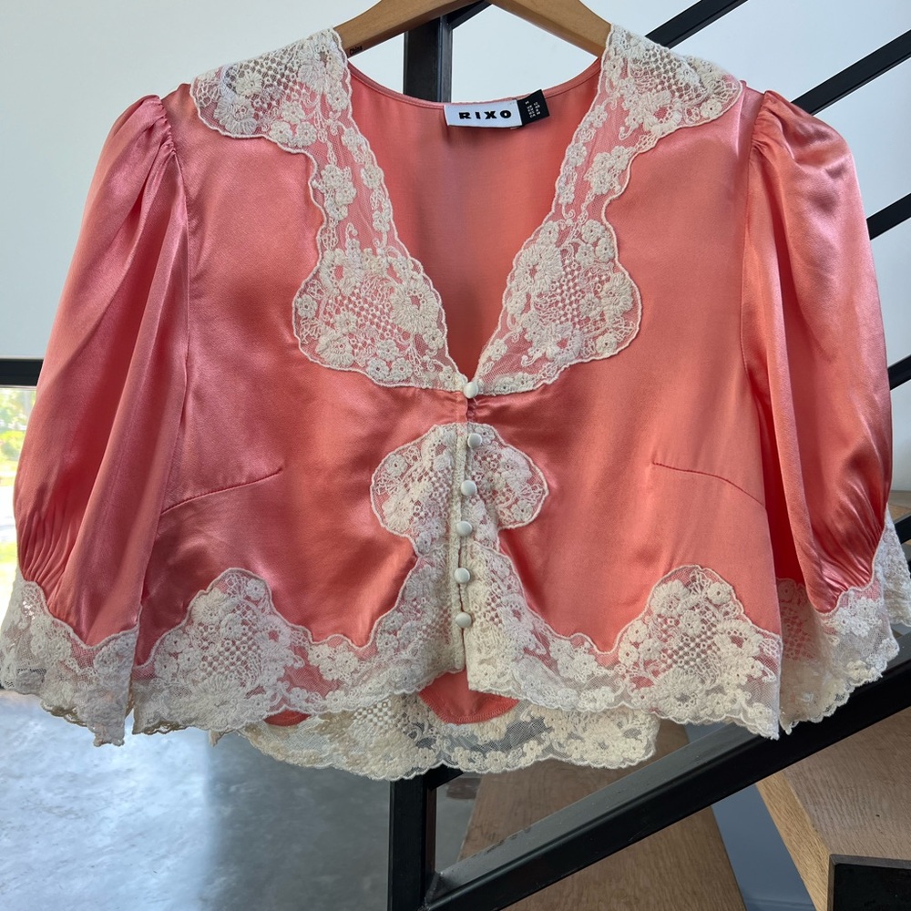 RIXO Coral Satin Blouse with Cream Lace